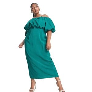 ASOS NWT Design Curve Emerald Green‎ MIDI Dress Off Shoulder Puff Sleeve 18